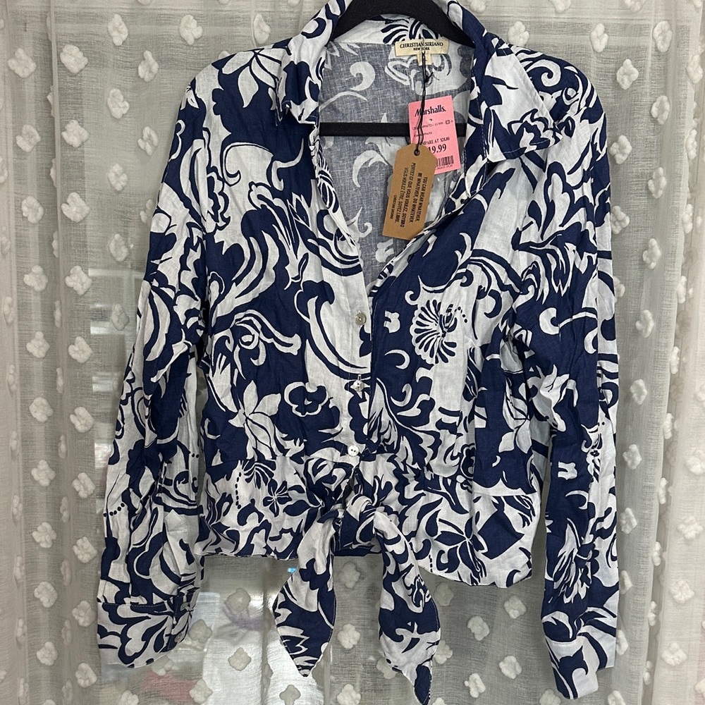 Christian Siriano Navy and White Floral Button Down Shirt